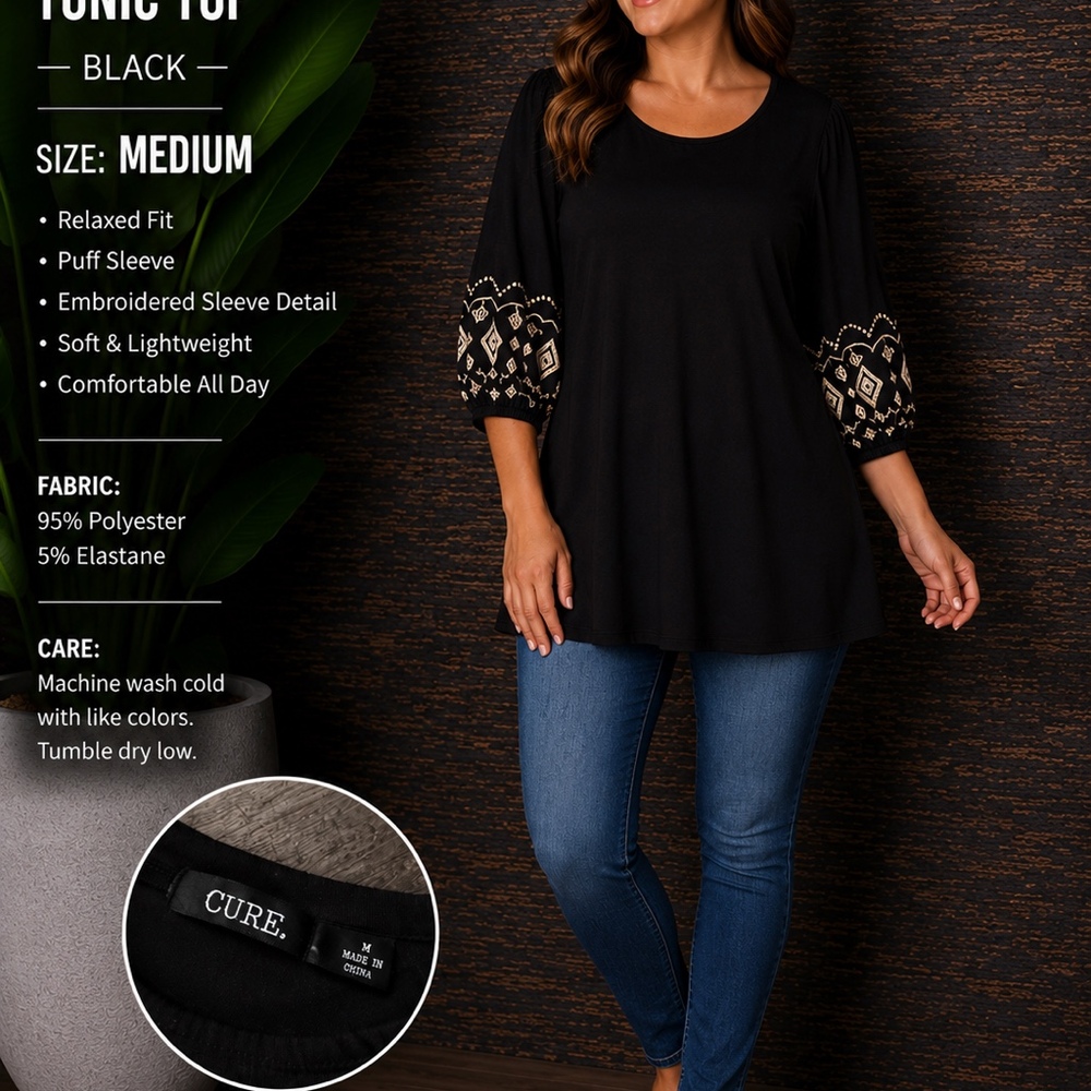 CURE Boho Embroidered Puff Sleeve Tunic Top Medium